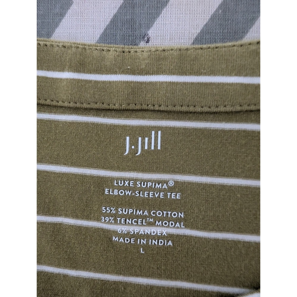 J. Jill Luxe Supima Elbow-Sleeve Tee Olive Green Striped Cotton Modal Top Large - Picture 2 of 6